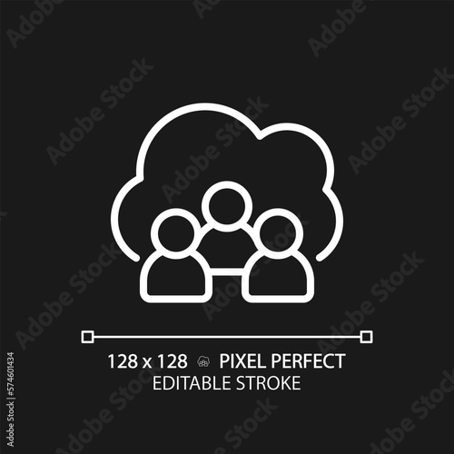 Community cloud pixel perfect white linear icon for dark theme. Share information between partners. Public access to server. Thin line illustration. Isolated symbol for night mode. Editable stroke