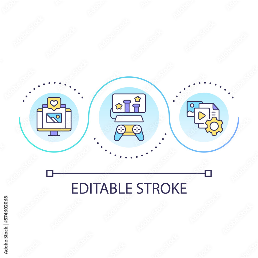 Gamification in digital marketing loop concept icon. Engage customers online. Increase internet sales. abstract idea thin line illustration. Isolated outline drawing. Editable stroke. Arial font used Gamification in digital marketing loop concept icon. Engage customers online. Increase internet sales. abstract idea thin line illustration. Isolated outline drawing. Editable stroke. Arial font used