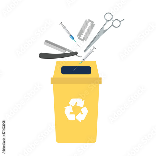 Sharps disposal with Dustbin and dangerous medical products and medical waste with hospital garbage, Recycle bin and wastes that can be recycled. Medical wastes by yellow sharp disposal dustbin trolly