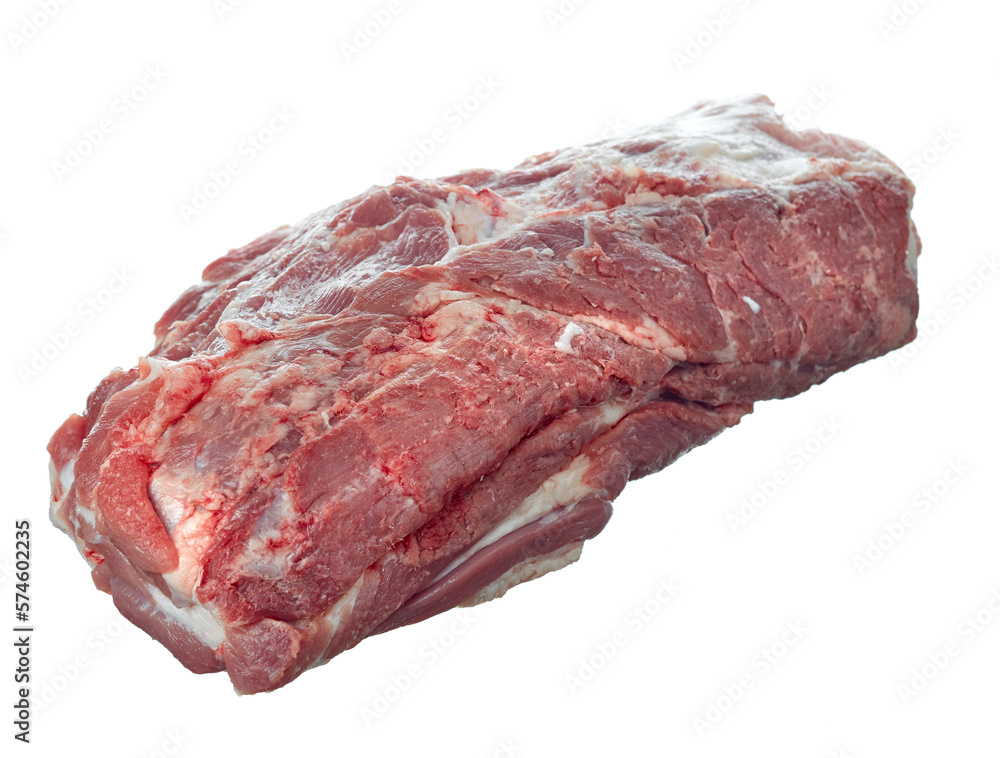 Huge piece of fresh raw meat, boneless tenderloin, for cooking meat delicacies, isolated on a white background.