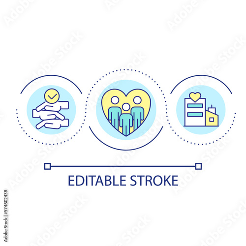 Corporate beambuilding loop concept icon. Colleagues support in workplace. Cooperation abstract idea thin line illustration. Isolated outline drawing. Editable stroke. Arial font used