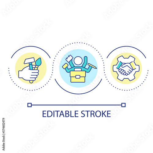 Multitasking employee skills loop concept icon. Job candidate competence. Corporate employment abstract idea thin line illustration. Isolated outline drawing. Editable stroke. Arial font used
