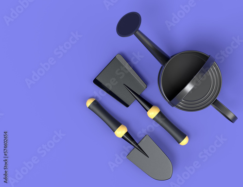 Watering can with garden tools like shovel, rake and fork on violet background.