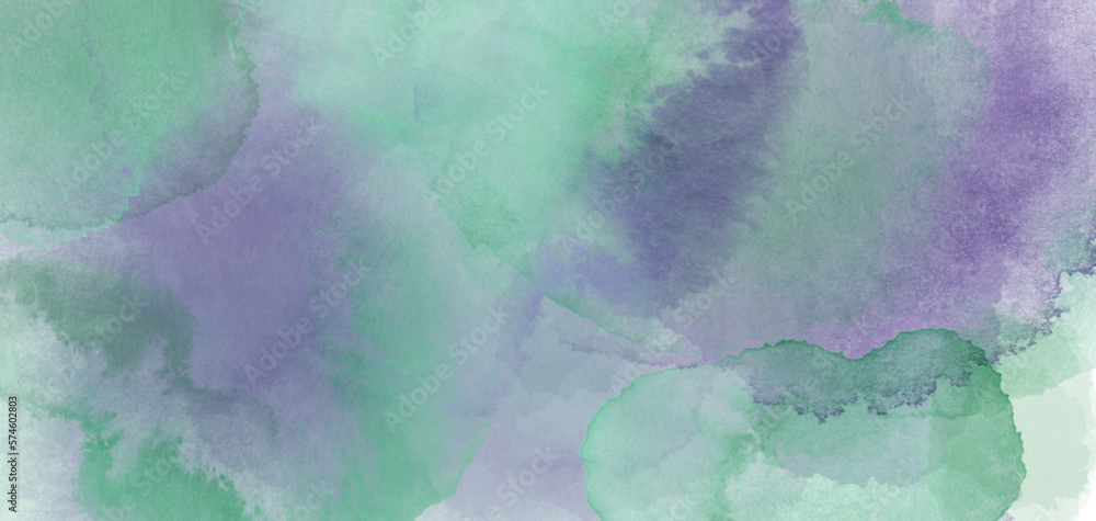 Abstract watercolor partly transparent background in hues of green and purple