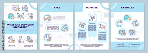 What are economic indicators blue brochure template. Leaflet design with linear icons. Editable 4 vector layouts for presentation, annual reports. Arial-Black, Myriad Pro-Regular fonts used