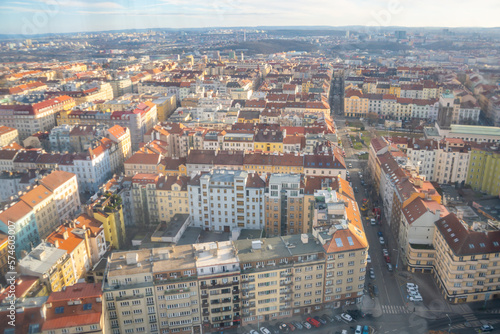 View of the old and new part of the city from Zizkov Television Tower in Prague, Czech republic