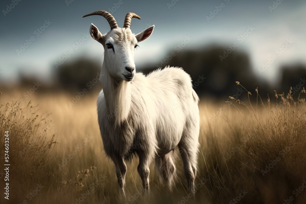 Beautiful goat in the middle of grass field, look awesome in the middle of the day generative ai Beautiful goat in the middle of grass field, look awesome in the middle of the day generative ai