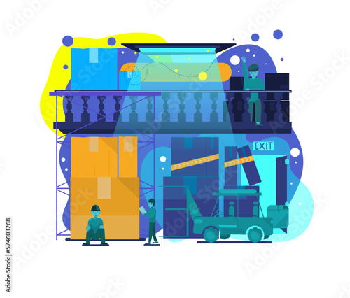 Warehouse concept vector illustration. Flat design of warehouse and workers.