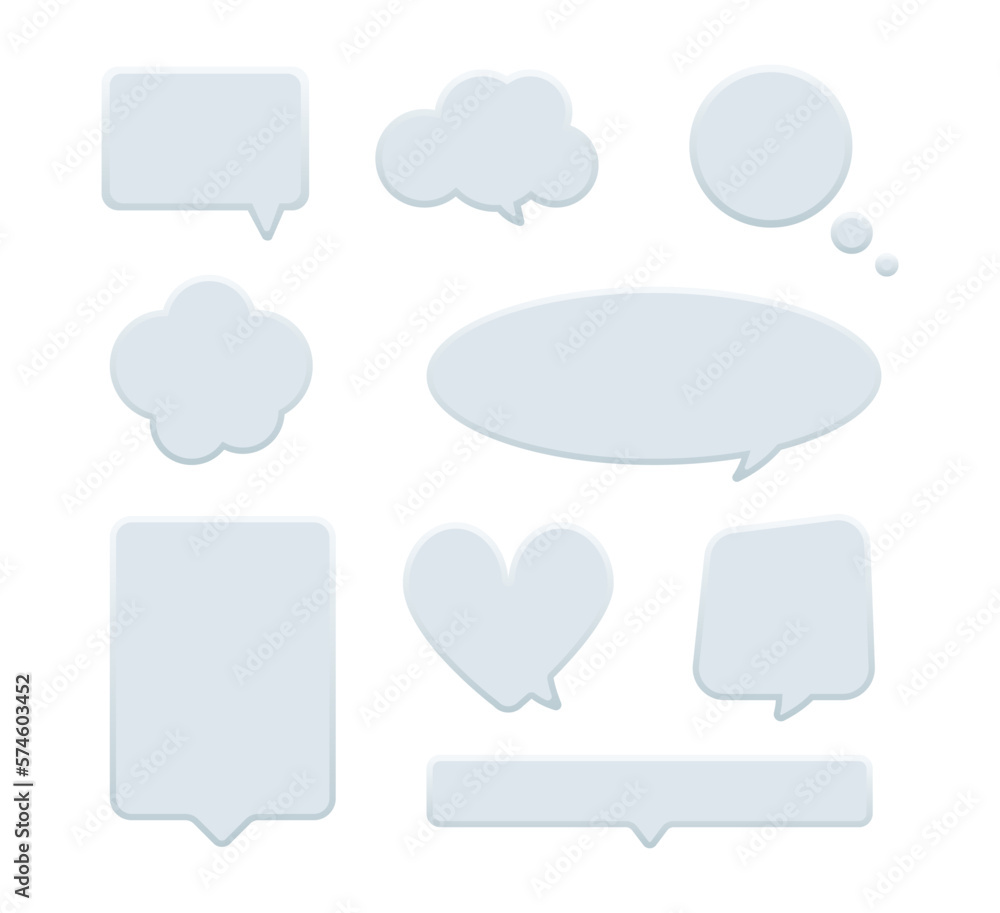 Set of blank white speech bubbles isolated on background. Chat message icons of cloud, heart, baloon shape, square. Vector illustration in flat style. Set of blank white speech bubbles isolated on background. Chat message icons of cloud, heart, baloon shape, square. Vector illustration in flat style.