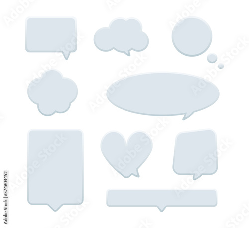 Set of blank white speech bubbles isolated on background. Chat message icons of cloud, heart, baloon shape, square. Vector illustration in flat style.