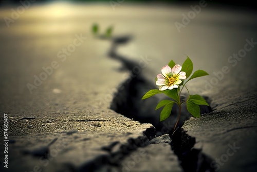 white flower growing on crack street, soft focus, blank text, Ai Generated image