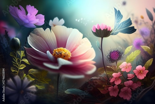 painting of Beautiful flowers, Spring theme with Close up Flower, Ai Generative