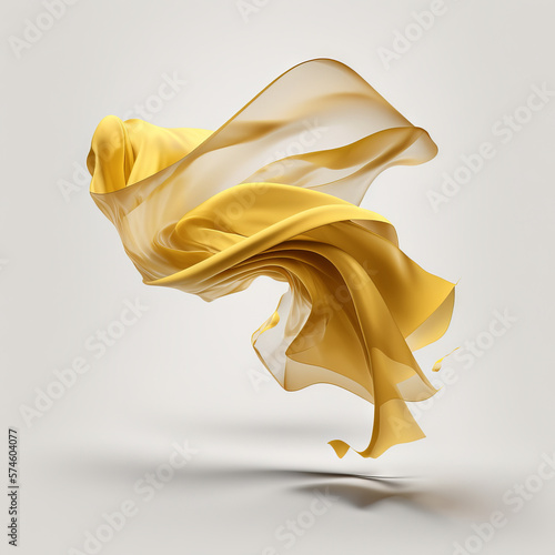 Yellow translucent cotton cloth flying like bird with white background 