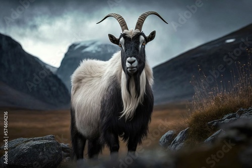 A picture of a goat standing in the field, with beautiful mountains and dramatic sky in the back generative ai