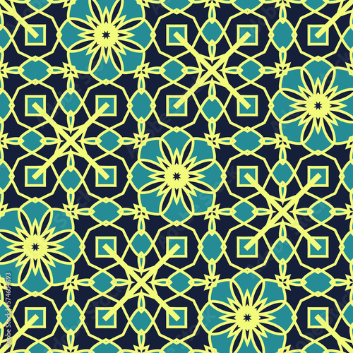 Seamless pattern with floral design. Bright yellow background with black and green flower elements for wallpapers, textile and fabrics.