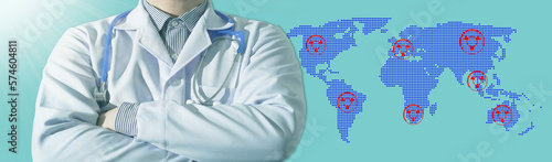 doctor cross arms with world map pandemic disease for treatment people