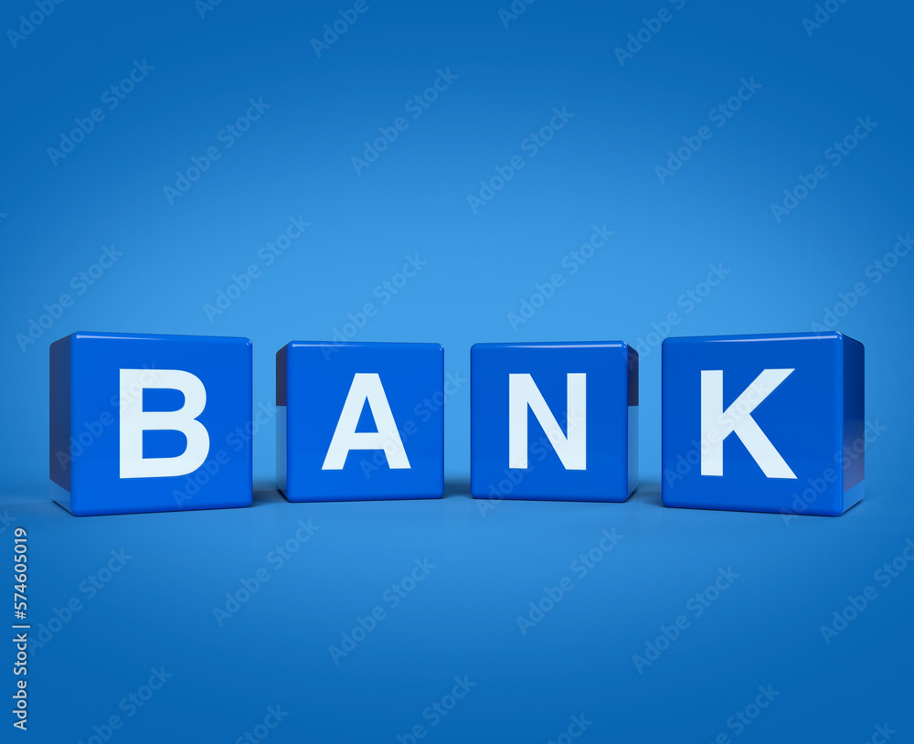 3d rendering, illustration of BANK letter on block cubes on light blue background, Business banking service concept 3d rendering, illustration of BANK letter on block cubes on light blue background, Business banking service concept