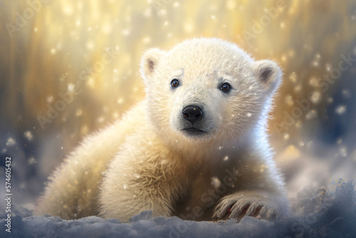 Cute baby polar bear in snow winter. Generative AI © Andrii 