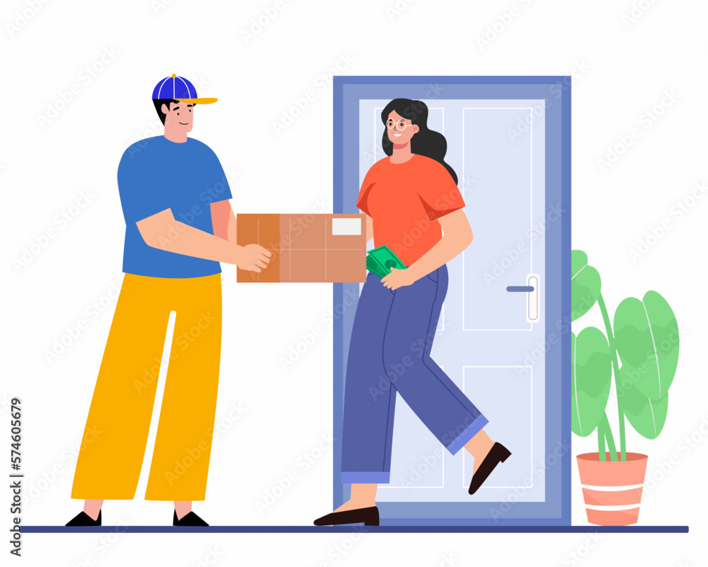 women paying Cash on Delivery concept, Doorstep delivery to home or office. Vector illustration