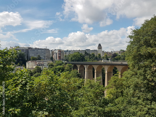 Beautiful bridge, modern buildings and green trees in Luxembourg City