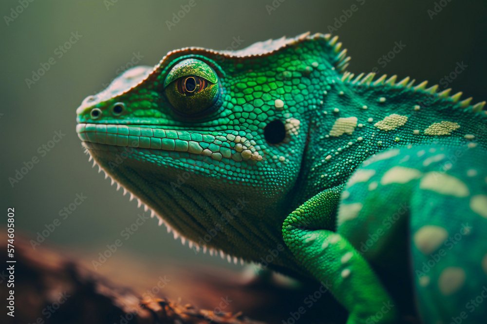 Green colored chameleon close up. Generative AI
