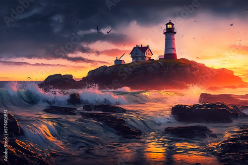 Lighthouse at twilight on a shoreline. Generative AI