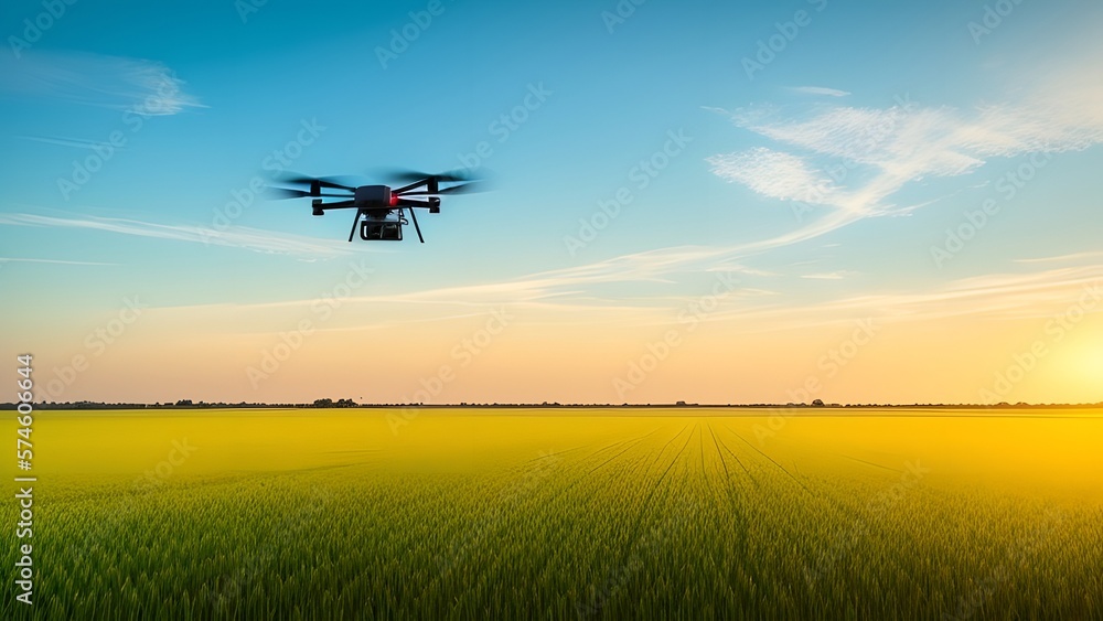 Drone flies over a field with a harvest, Generative AI Drone flies over a field with a harvest, Generative AI