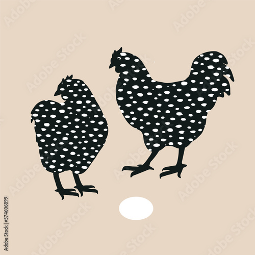 Speckled hen and cock couple, dappled chicken with funny hand drawn texture isolated on grey. Easter design element, vector illustration.