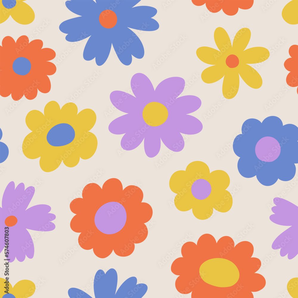 Seamless pattern groovy aesthetic. Spring mood. Cute flowers. Retro background for design and card, covers, package, wrapping paper. Seamless pattern groovy aesthetic. Spring mood. Cute flowers. Retro background for design and card, covers, package, wrapping paper.