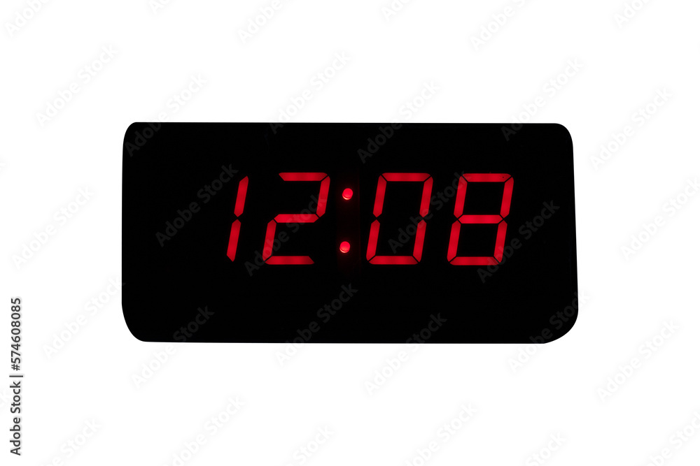 Digital alarm clock time LED red number on black digital electric isolated on cutout PNG. time symbol concept for celebrating the New Year. Digital alarm clock time LED red number on black digital electric isolated on cutout PNG. time symbol concept for celebrating the New Year.