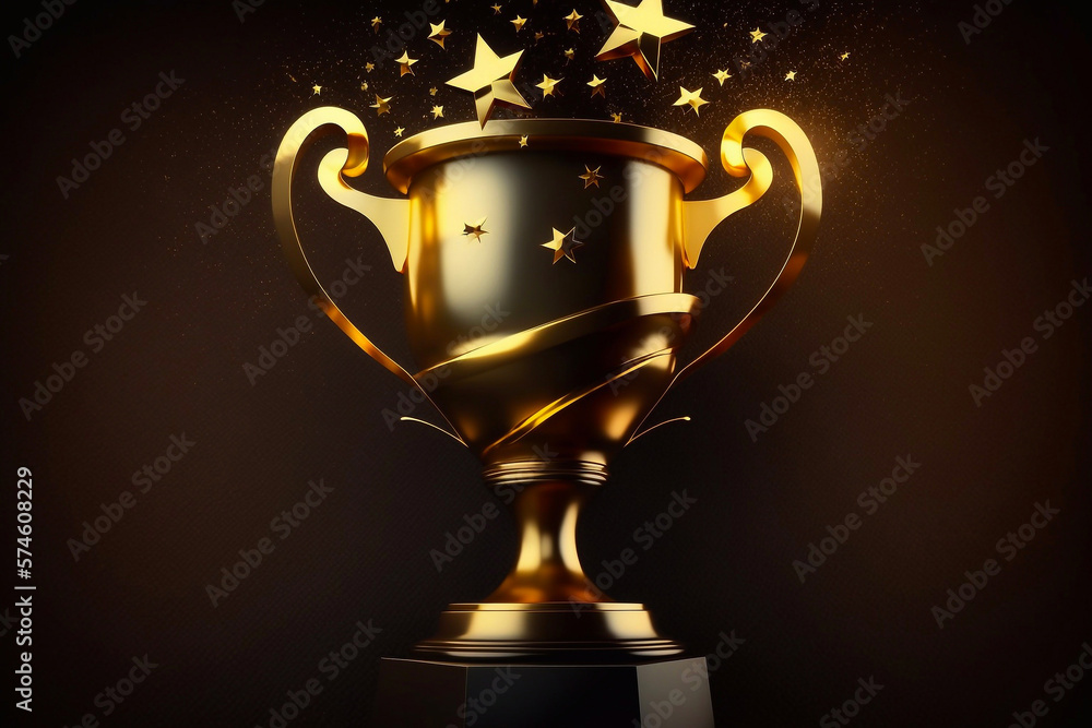 Winning Concept Golden Trophy Cup with Star Shaped Confetti flying out. Generative AI Winning Concept Golden Trophy Cup with Star Shaped Confetti flying out. Generative AI