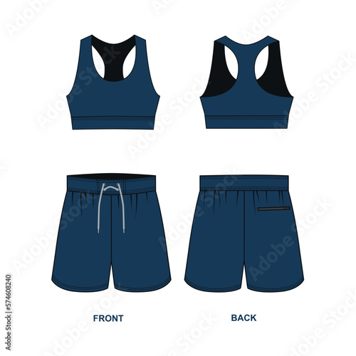 Vector drawing drawstring shorts and top for fitness, running, swimming. Vector template of sports shorts and sports bra front and back view. Sketch of short shorts and blue t-shirt