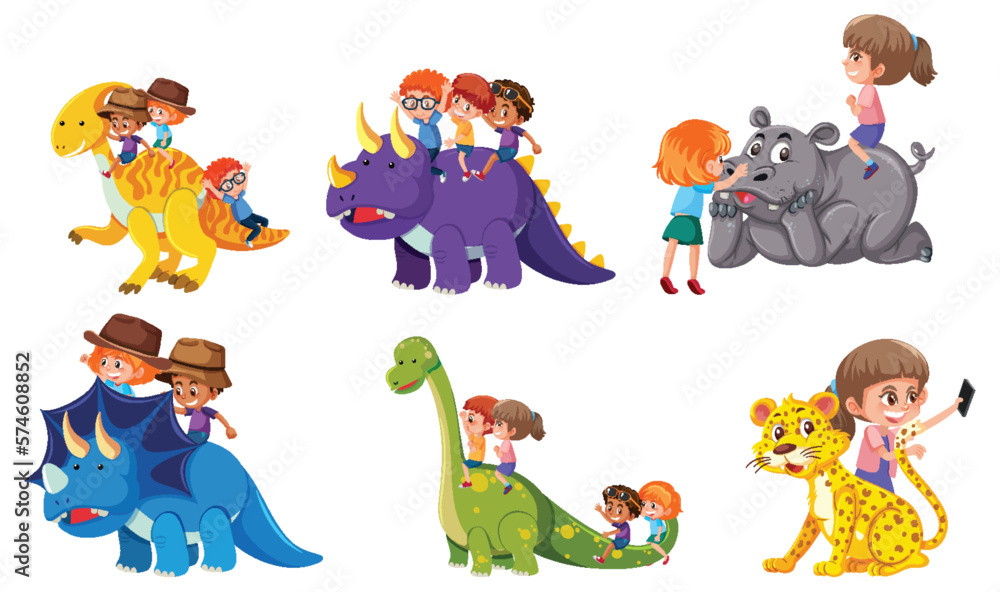 Fototapeta premium Set of children cartoon character riding dinosaur