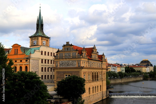 View from Charles Bridge to Museum of Smetana in Old Town Prague on Vltava River. The museum is dedicated to Czech composer Smetana.
