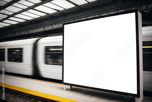 Empty space billboard at underground train station, empty space for ad banner with train moving in background, empty billboard near underground train station
