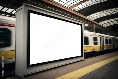 Empty space billboard in side view at underground train station, empty space for ad banner	with train moving in background, empty billboard near underground train station

