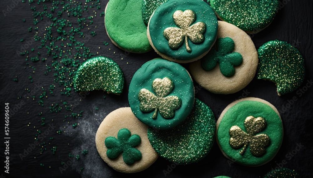st. Patrick's day cookies, top view, shamrock, generative AI