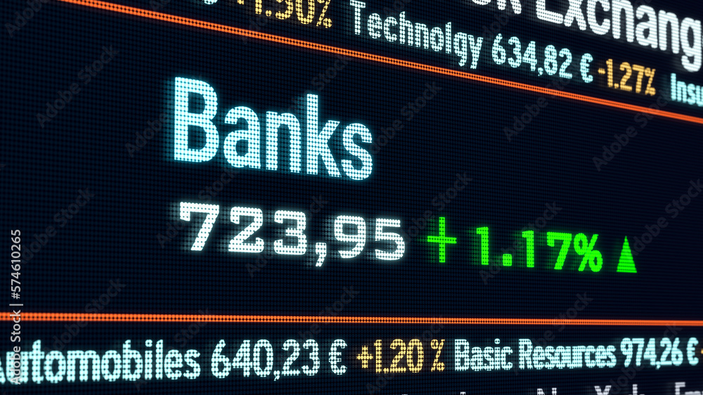 Bank sector, stock exchange trading floor. Stock market data, banks price information and percentage changes on a screen. Stock exchange, business and sector trading concept. 3D illustration
