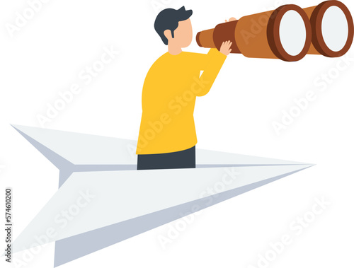 Man searching for opportunities, Observation, search for opportunity, search or discover new business, job search for candidate concept, man look through binoculars riding on the paper plane illustrat