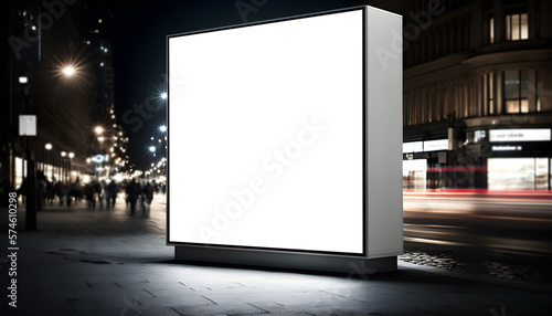 Empty space advertisement board, blank white signboard on roadside in city, Square blank billboard in city in night time, 
 photo