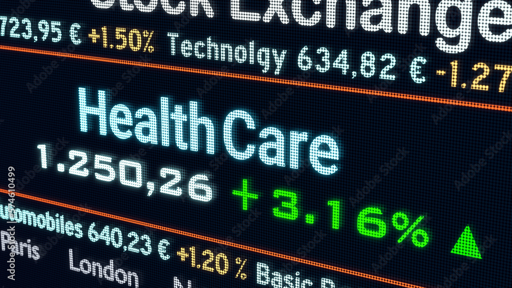 Health Care sector, stock exchange trading floor. Stock market data, health care price and percentage changes on a screen. Stock exchange, business and sector trading concept. 3D illustration