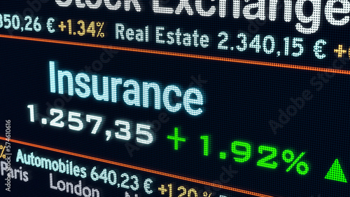 Insurance sector, stock exchange trading floor. Stock market data, insurance price information and percentage changes on a screen. Stock exchange, business and sector trading concept. 3D illustration