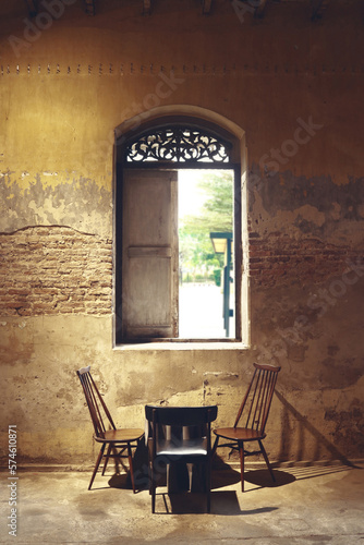 table set under the antique window