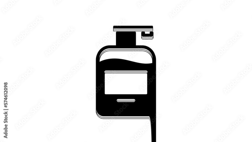 Black Bottle of liquid antibacterial soap with dispenser icon isolated on white background. Antiseptic. Disinfection, hygiene, skin care. 4K Video motion graphic animation Black Bottle of liquid antibacterial soap with dispenser icon isolated on white background. Antiseptic. Disinfection, hygiene, skin care. 4K Video motion graphic animation