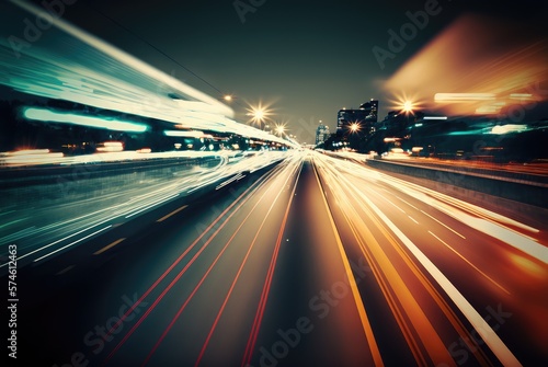 Speed Light Trails on City Streets, Street Night Lights, Road Glow, Abstract Generative AI Illustration