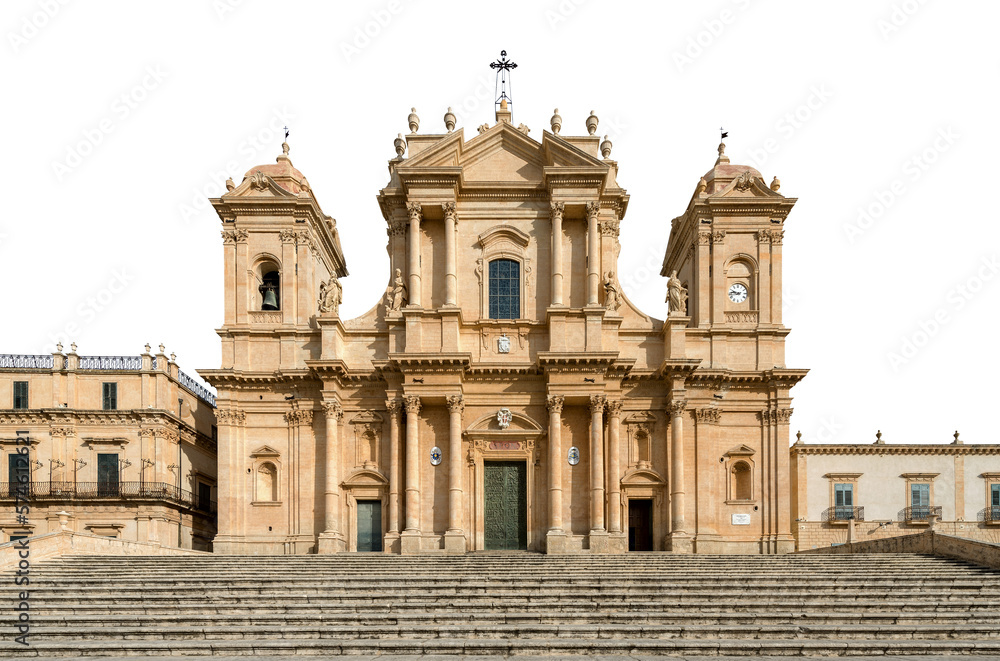 Noto Cathedral (Basilica and Cathedral of San Nicolo), isolated on white or transparent background. Sicilian and Baroque style. Syracuse province (Siracusa), Sicily Island, Italy, Europe. Png.