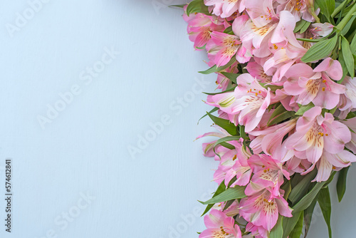 Astromeria flowers. on a light background. Plenty of space for your texts and ideas. View from above. photo