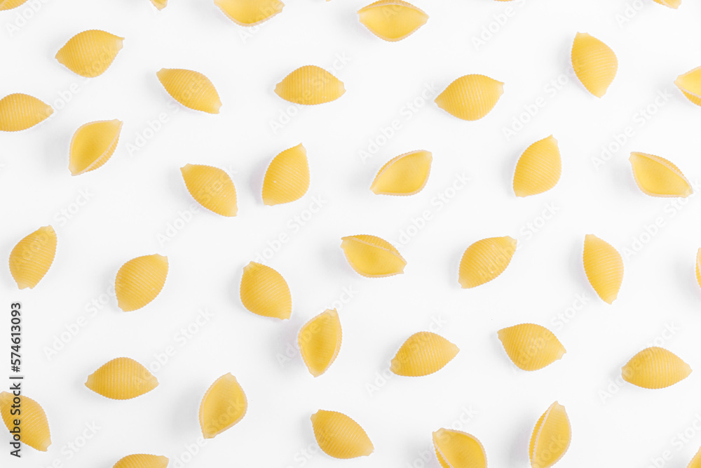 Pasta products in the form of a shell, texture, on a white background