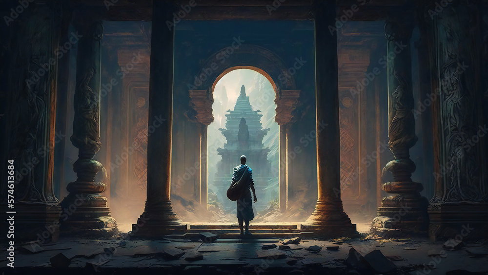 Ancient temple, fantasy world, adventure, game, background, digital illustration, AI generated