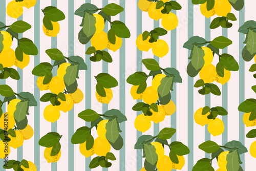 Lemons gouache flat illustration seamless pattern. Green leaves and lemons isolated on striped  background for wrapping paper, wallpaper, fabric.